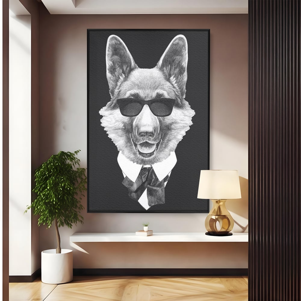 Tablou Canvas Premium, LuxCanva® M1250, Caine de Afaceri, Caine, Costum, Ochelari, Business, Gentleman, Bodyguard, Patruped, Urban, Alb si Negru, Portret, Birou, Living, Camera Copil
