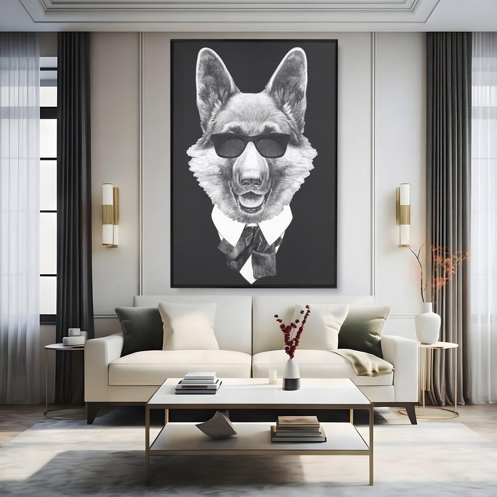 Tablou Canvas Premium, LuxCanva® M1250, Caine de Afaceri, Caine, Costum, Ochelari, Business, Gentleman, Bodyguard, Patruped, Urban, Alb si Negru, Portret, Birou, Living, Camera Copil