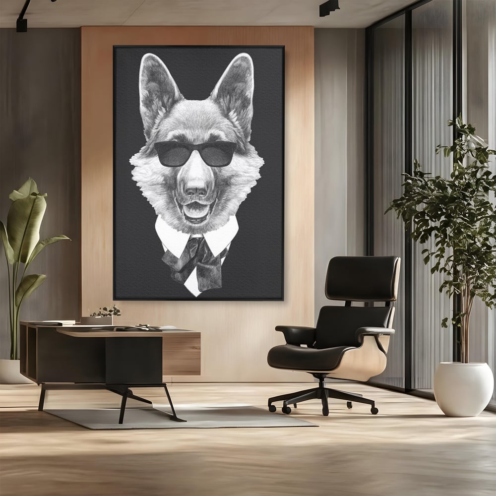 Tablou Canvas Premium, LuxCanva® M1250, Caine de Afaceri, Caine, Costum, Ochelari, Business, Gentleman, Bodyguard, Patruped, Urban, Alb si Negru, Portret, Birou, Living, Camera Copil