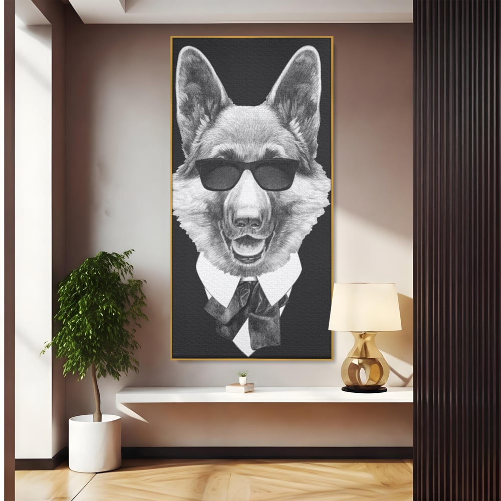 Tablou Canvas Premium, LuxCanva® M1250, Caine de Afaceri, Caine, Costum, Ochelari, Business, Gentleman, Bodyguard, Patruped, Urban, Alb si Negru, Portret, Birou, Living, Camera Copil