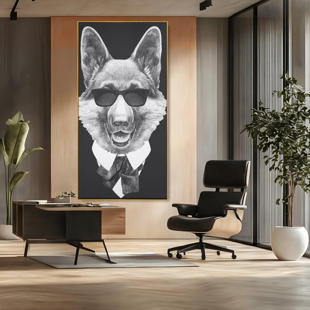 Tablou Canvas Premium, LuxCanva® M1250, Caine de Afaceri, Caine, Costum, Ochelari, Business, Gentleman, Bodyguard, Patruped, Urban, Alb si Negru, Portret, Birou, Living, Camera Copil