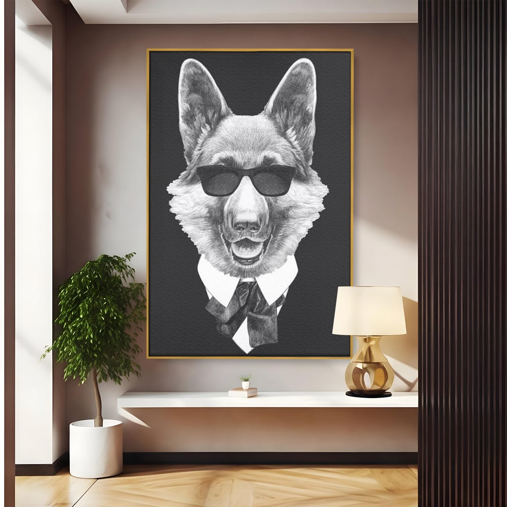 Tablou Canvas Premium, LuxCanva® M1250, Caine de Afaceri, Caine, Costum, Ochelari, Business, Gentleman, Bodyguard, Patruped, Urban, Alb si Negru, Portret, Birou, Living, Camera Copil