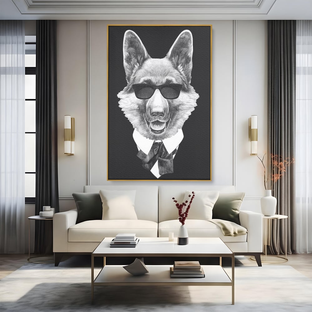 Tablou Canvas Premium, LuxCanva® M1250, Caine de Afaceri, Caine, Costum, Ochelari, Business, Gentleman, Bodyguard, Patruped, Urban, Alb si Negru, Portret, Birou, Living, Camera Copil