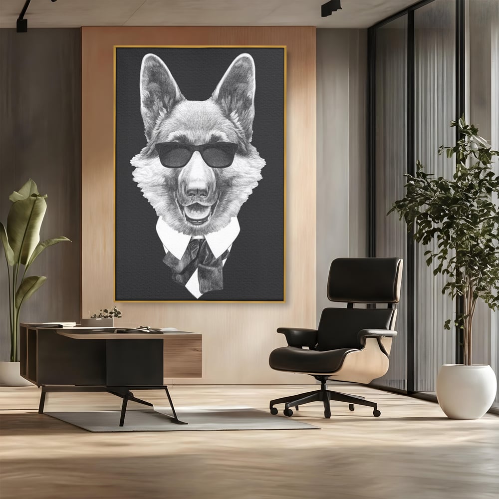 Tablou Canvas Premium, LuxCanva® M1250, Caine de Afaceri, Caine, Costum, Ochelari, Business, Gentleman, Bodyguard, Patruped, Urban, Alb si Negru, Portret, Birou, Living, Camera Copil