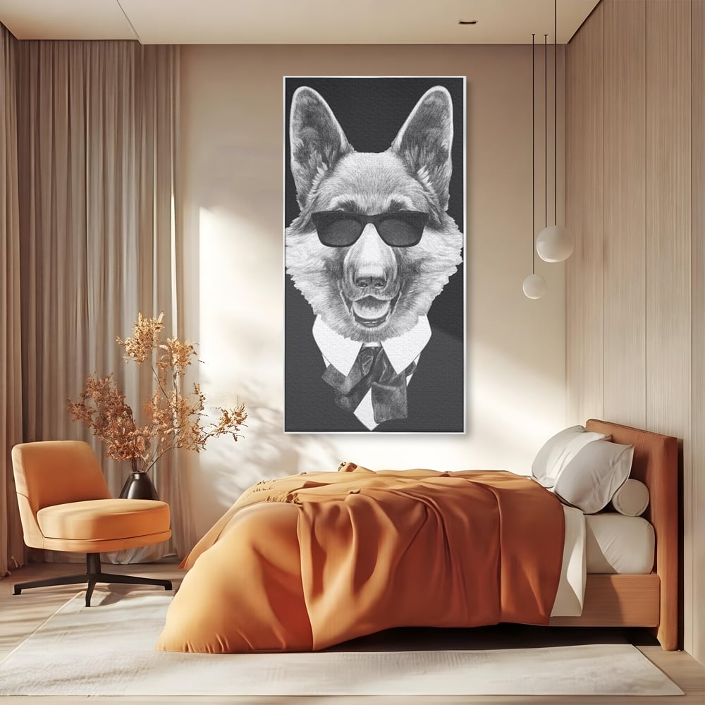 Tablou Canvas Premium, LuxCanva® M1250, Caine de Afaceri, Caine, Costum, Ochelari, Business, Gentleman, Bodyguard, Patruped, Urban, Alb si Negru, Portret, Birou, Living, Camera Copil