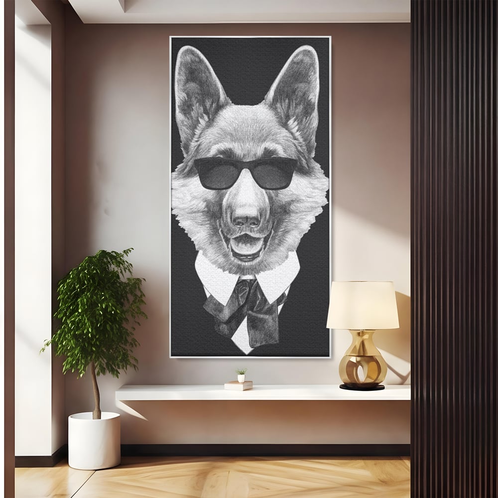 Tablou Canvas Premium, LuxCanva® M1250, Caine de Afaceri, Caine, Costum, Ochelari, Business, Gentleman, Bodyguard, Patruped, Urban, Alb si Negru, Portret, Birou, Living, Camera Copil