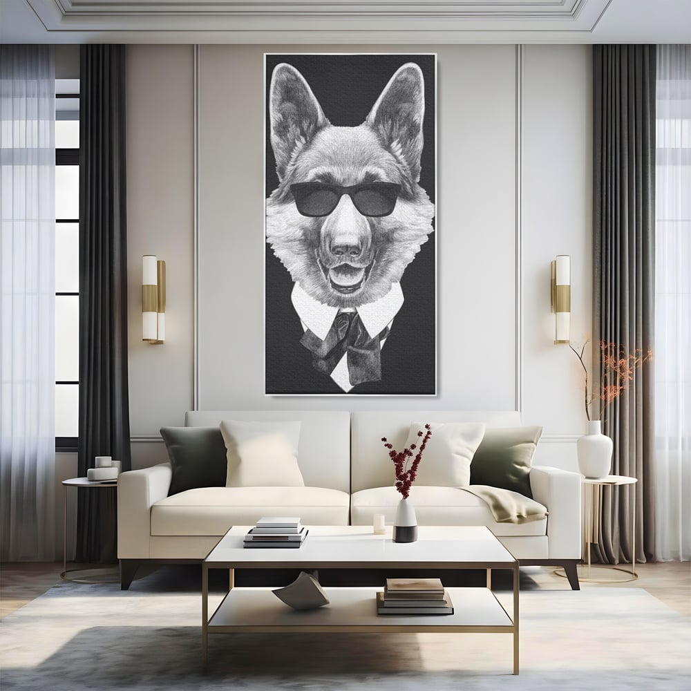 Tablou Canvas Premium, LuxCanva® M1250, Caine de Afaceri, Caine, Costum, Ochelari, Business, Gentleman, Bodyguard, Patruped, Urban, Alb si Negru, Portret, Birou, Living, Camera Copil