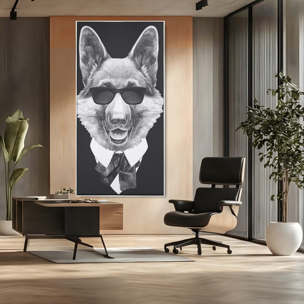 Tablou Canvas Premium, LuxCanva® M1250, Caine de Afaceri, Caine, Costum, Ochelari, Business, Gentleman, Bodyguard, Patruped, Urban, Alb si Negru, Portret, Birou, Living, Camera Copil