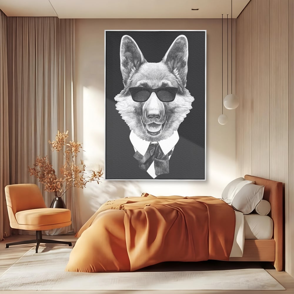 Tablou Canvas Premium, LuxCanva® M1250, Caine de Afaceri, Caine, Costum, Ochelari, Business, Gentleman, Bodyguard, Patruped, Urban, Alb si Negru, Portret, Birou, Living, Camera Copil