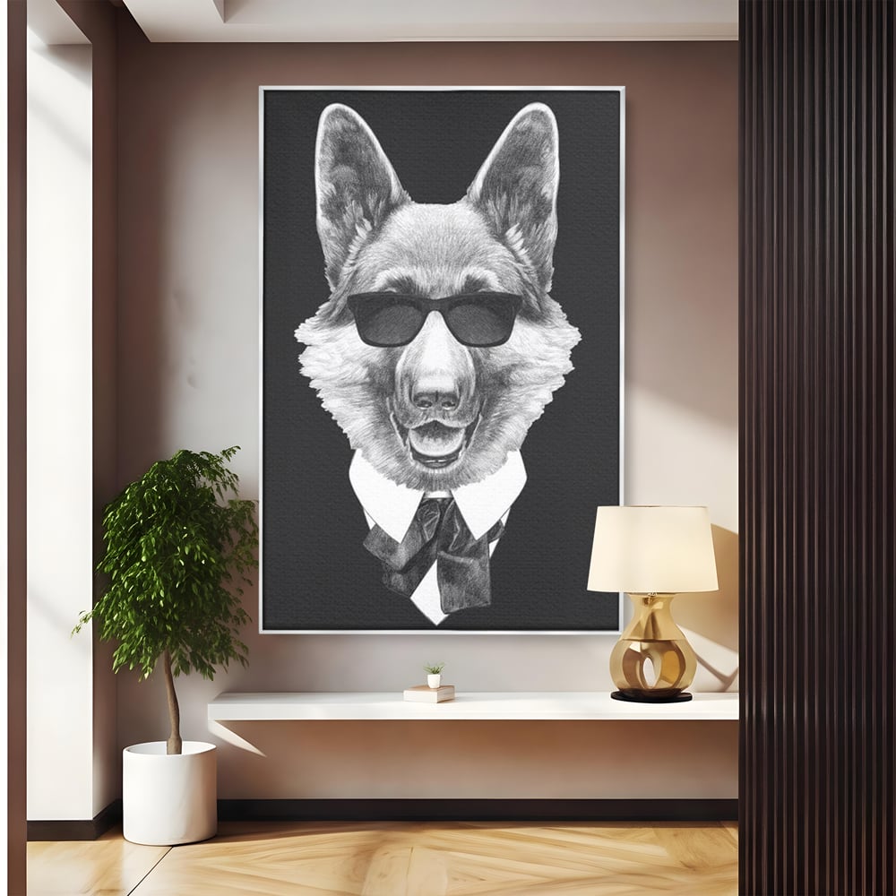 Tablou Canvas Premium, LuxCanva® M1250, Caine de Afaceri, Caine, Costum, Ochelari, Business, Gentleman, Bodyguard, Patruped, Urban, Alb si Negru, Portret, Birou, Living, Camera Copil