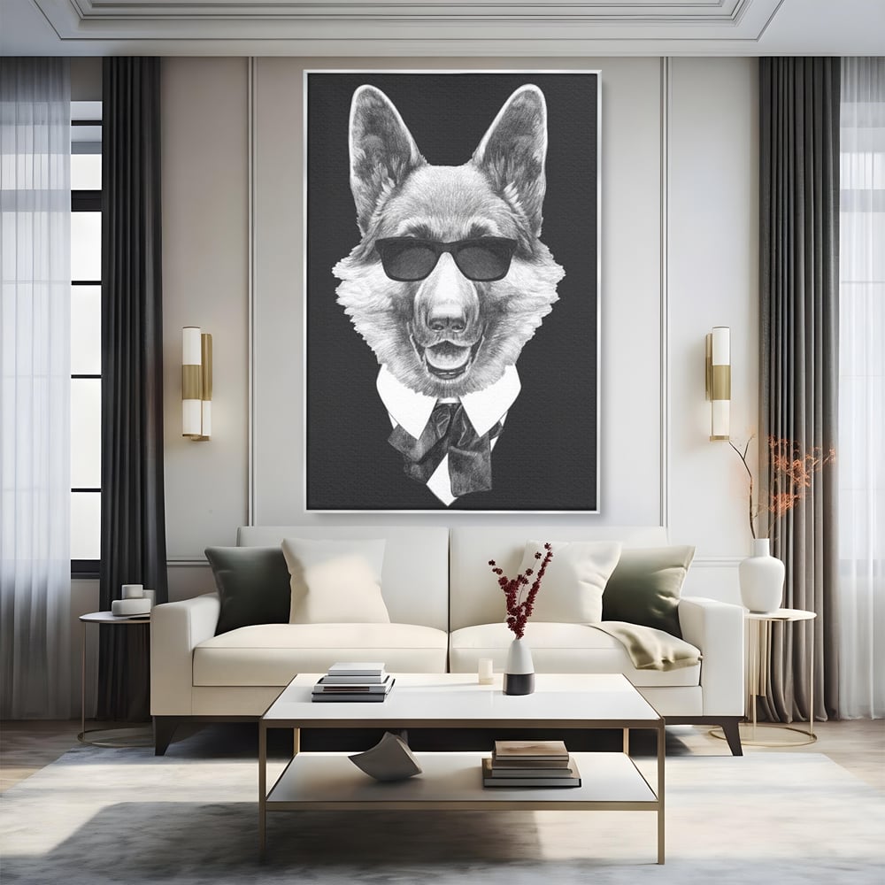 Tablou Canvas Premium, LuxCanva® M1250, Caine de Afaceri, Caine, Costum, Ochelari, Business, Gentleman, Bodyguard, Patruped, Urban, Alb si Negru, Portret, Birou, Living, Camera Copil