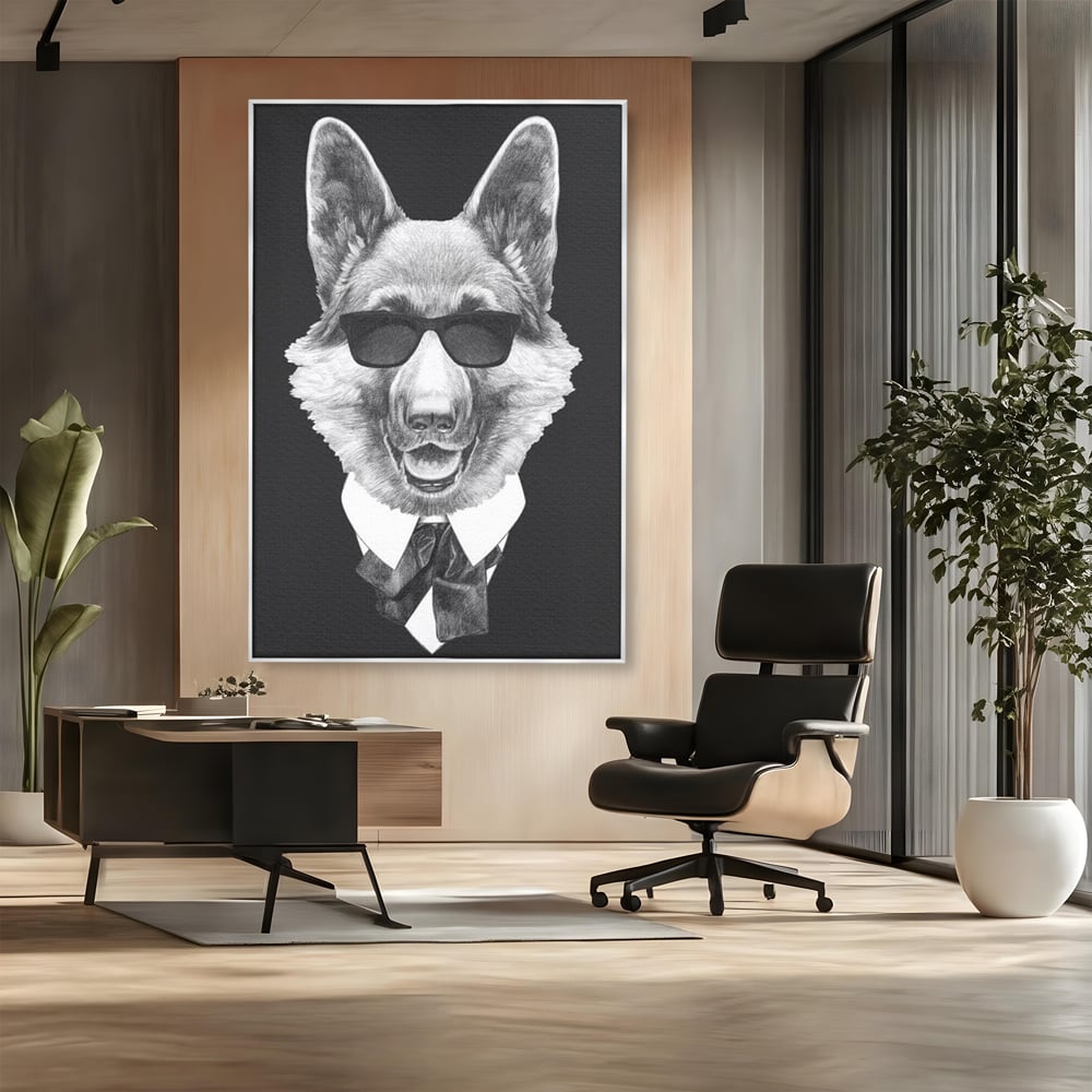 Tablou Canvas Premium, LuxCanva® M1250, Caine de Afaceri, Caine, Costum, Ochelari, Business, Gentleman, Bodyguard, Patruped, Urban, Alb si Negru, Portret, Birou, Living, Camera Copil