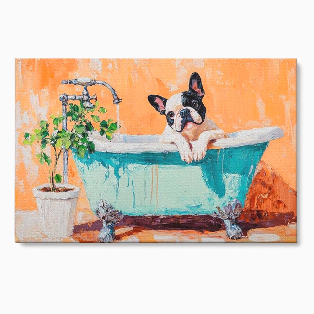 Tablou Canvas Premium, LuxCanva® M1251, Rasfat cu Spuma, Bulldog, Cada, Baie, Apa, Planta, Caine, Pictura, Relaxare, Acuarela, Comic, Pui, Birou, Living, Camera Copil