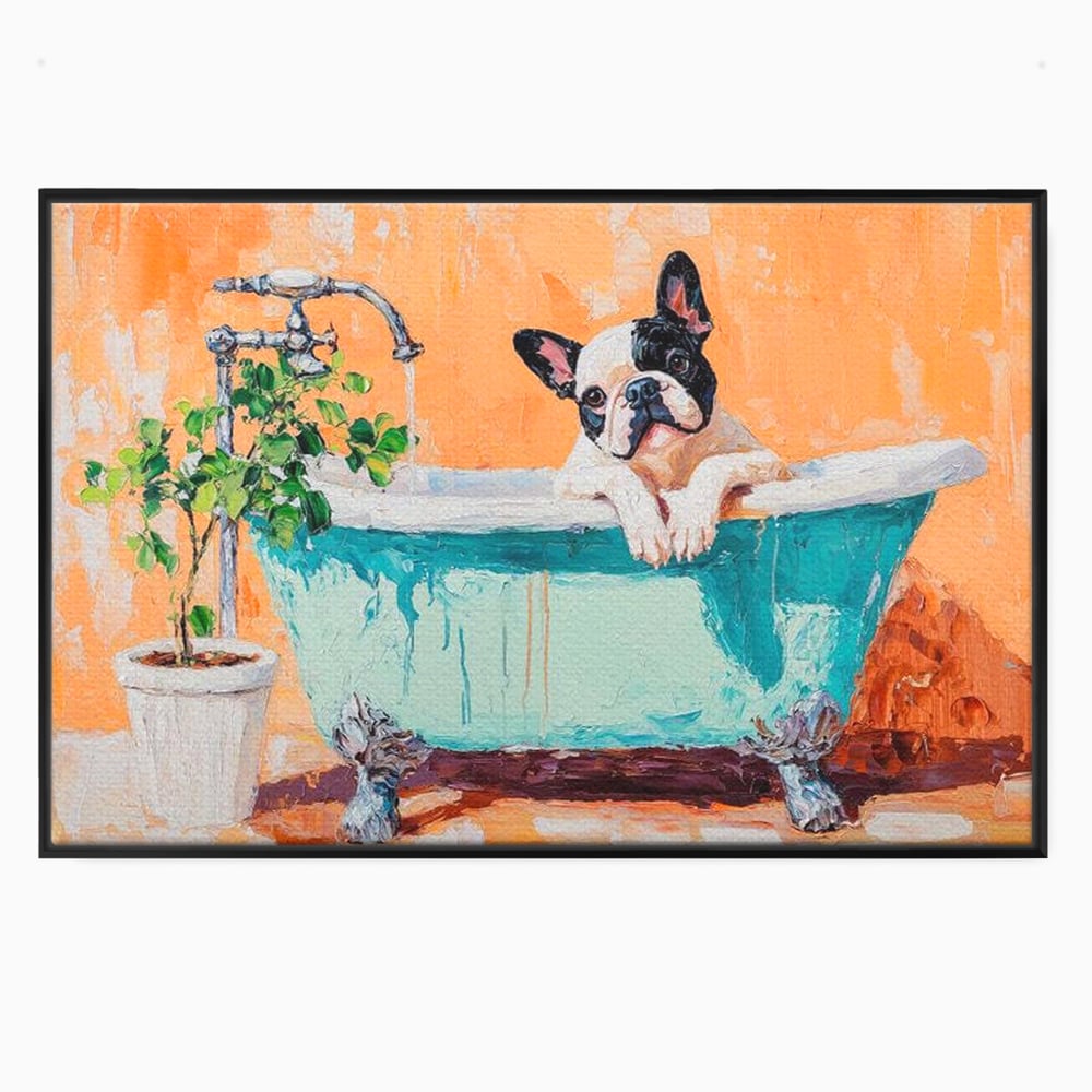 Tablou Canvas Premium, LuxCanva® M1251, Rasfat cu Spuma, Bulldog, Cada, Baie, Apa, Planta, Caine, Pictura, Relaxare, Acuarela, Comic, Pui, Birou, Living, Camera Copil