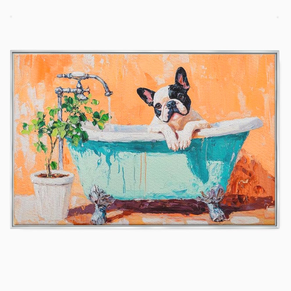 Tablou Canvas Premium, LuxCanva® M1251, Rasfat cu Spuma, Bulldog, Cada, Baie, Apa, Planta, Caine, Pictura, Relaxare, Acuarela, Comic, Pui, Birou, Living, Camera Copil