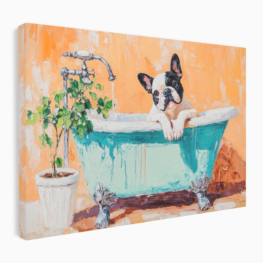 Tablou Canvas Premium, LuxCanva® M1251, Rasfat cu Spuma, Bulldog, Cada, Baie, Apa, Planta, Caine, Pictura, Relaxare, Acuarela, Comic, Pui, Birou, Living, Camera Copil