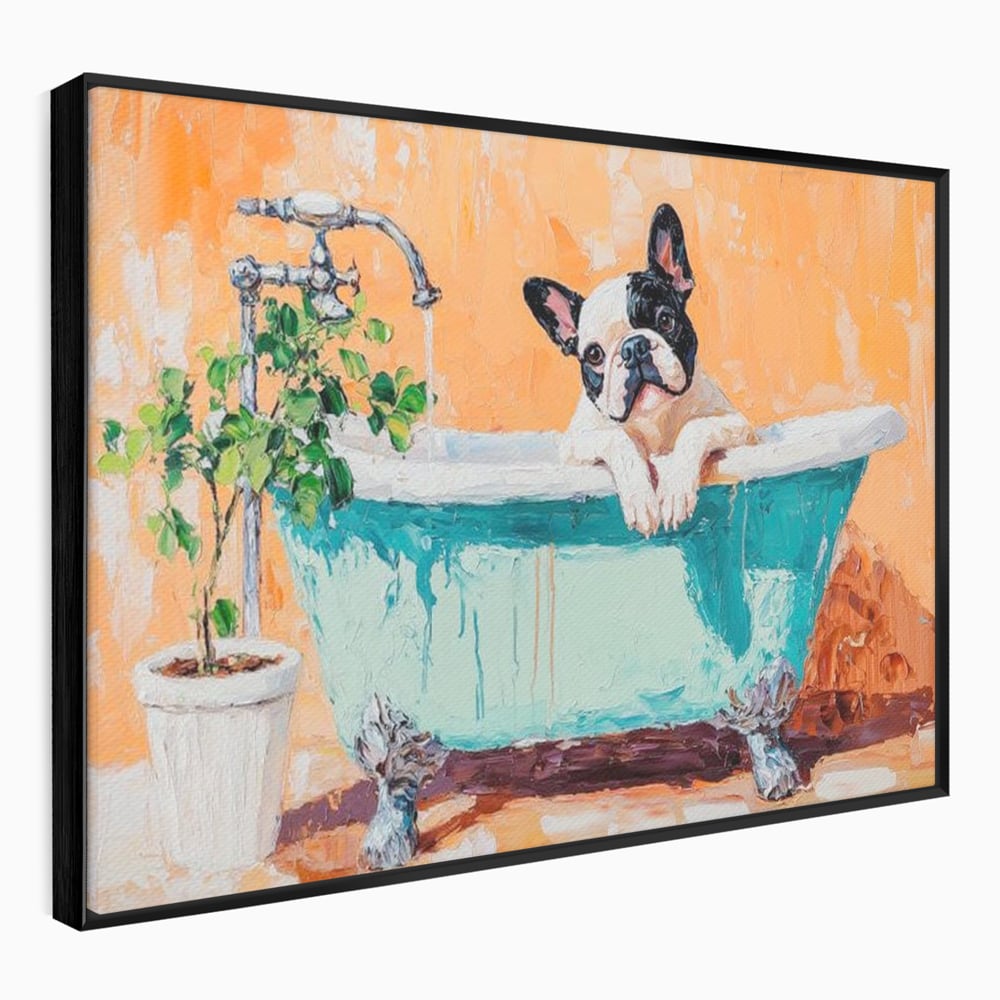 Tablou Canvas Premium, LuxCanva® M1251, Rasfat cu Spuma, Bulldog, Cada, Baie, Apa, Planta, Caine, Pictura, Relaxare, Acuarela, Comic, Pui, Birou, Living, Camera Copil