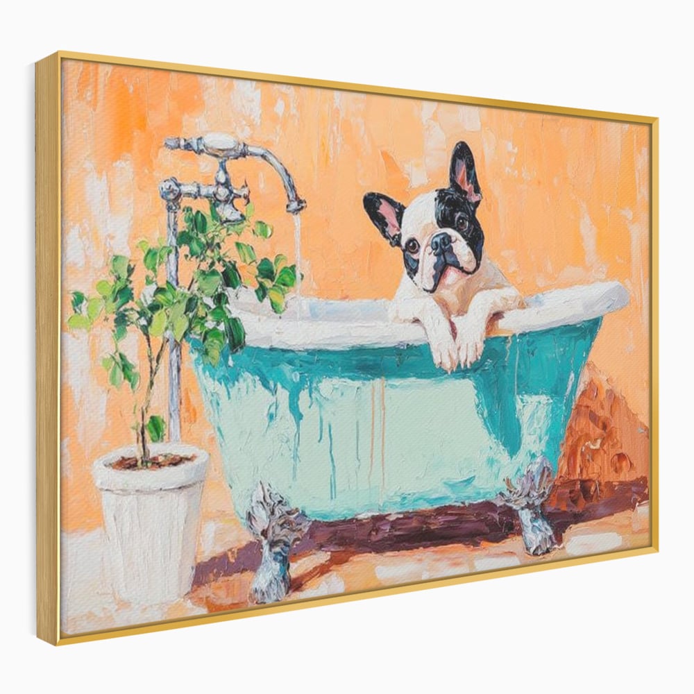 Tablou Canvas Premium, LuxCanva® M1251, Rasfat cu Spuma, Bulldog, Cada, Baie, Apa, Planta, Caine, Pictura, Relaxare, Acuarela, Comic, Pui, Birou, Living, Camera Copil
