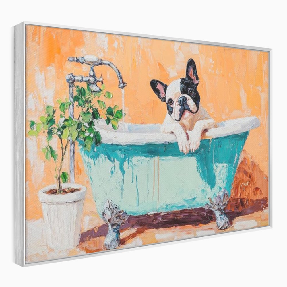 Tablou Canvas Premium, LuxCanva® M1251, Rasfat cu Spuma, Bulldog, Cada, Baie, Apa, Planta, Caine, Pictura, Relaxare, Acuarela, Comic, Pui, Birou, Living, Camera Copil