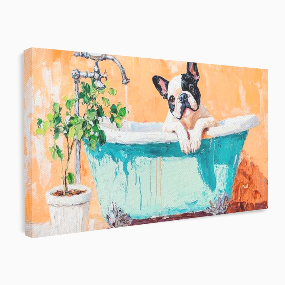Tablou Canvas Premium, LuxCanva® M1251, Rasfat cu Spuma, Bulldog, Cada, Baie, Apa, Planta, Caine, Pictura, Relaxare, Acuarela, Comic, Pui, Birou, Living, Camera Copil