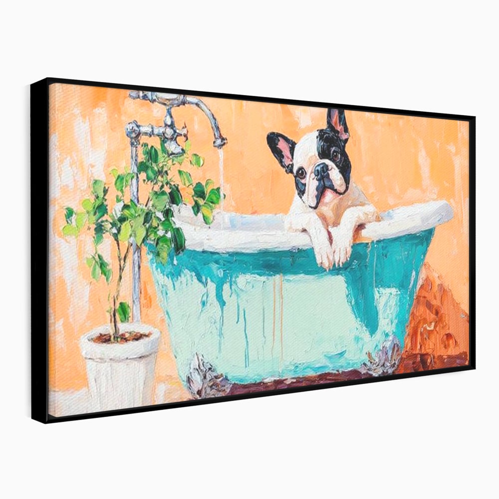 Tablou Canvas Premium, LuxCanva® M1251, Rasfat cu Spuma, Bulldog, Cada, Baie, Apa, Planta, Caine, Pictura, Relaxare, Acuarela, Comic, Pui, Birou, Living, Camera Copil