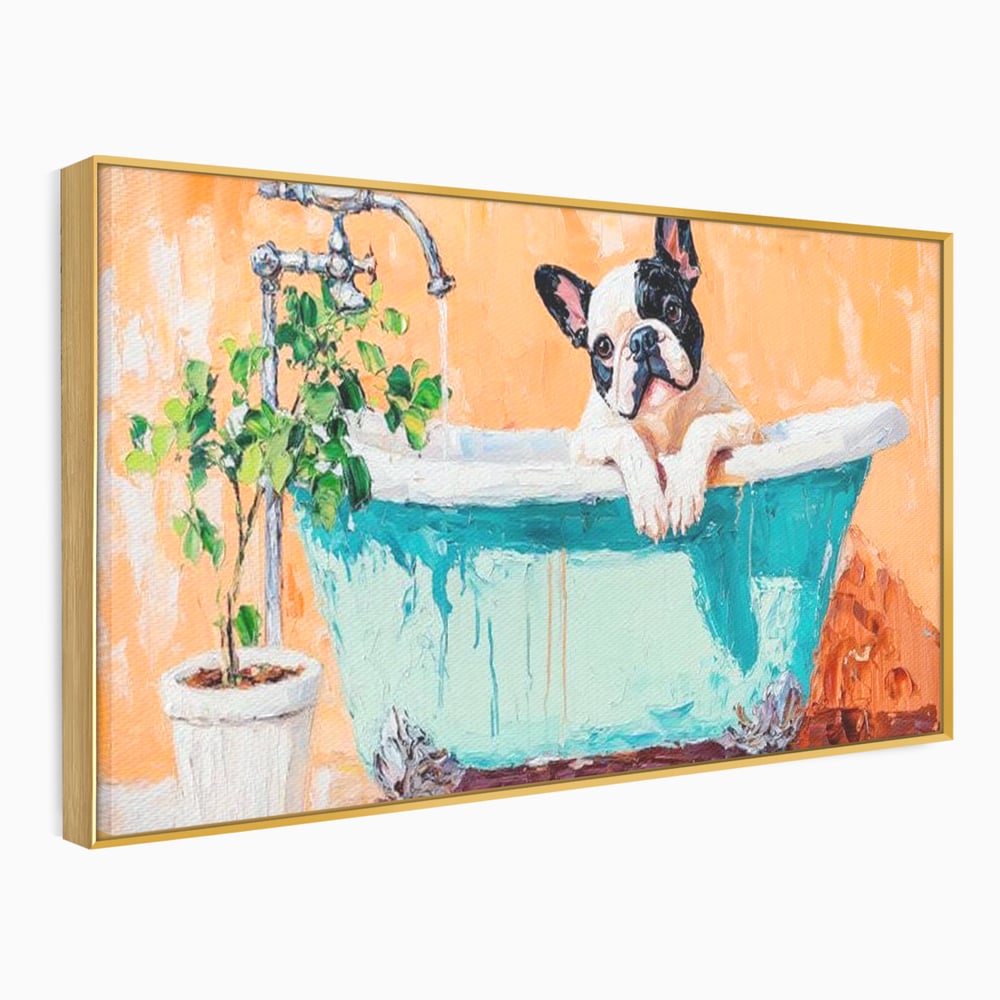 Tablou Canvas Premium, LuxCanva® M1251, Rasfat cu Spuma, Bulldog, Cada, Baie, Apa, Planta, Caine, Pictura, Relaxare, Acuarela, Comic, Pui, Birou, Living, Camera Copil