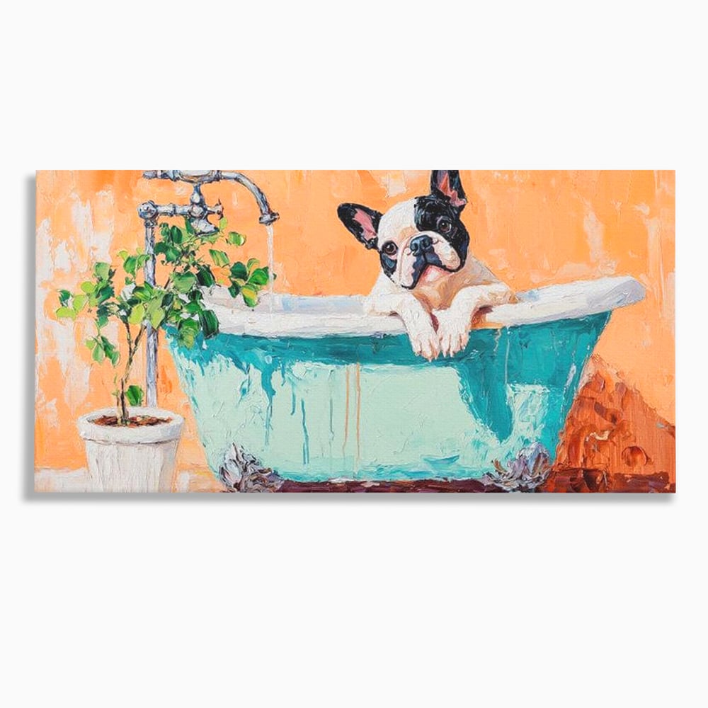 Tablou Canvas Premium, LuxCanva® M1251, Rasfat cu Spuma, Bulldog, Cada, Baie, Apa, Planta, Caine, Pictura, Relaxare, Acuarela, Comic, Pui, Birou, Living, Camera Copil
