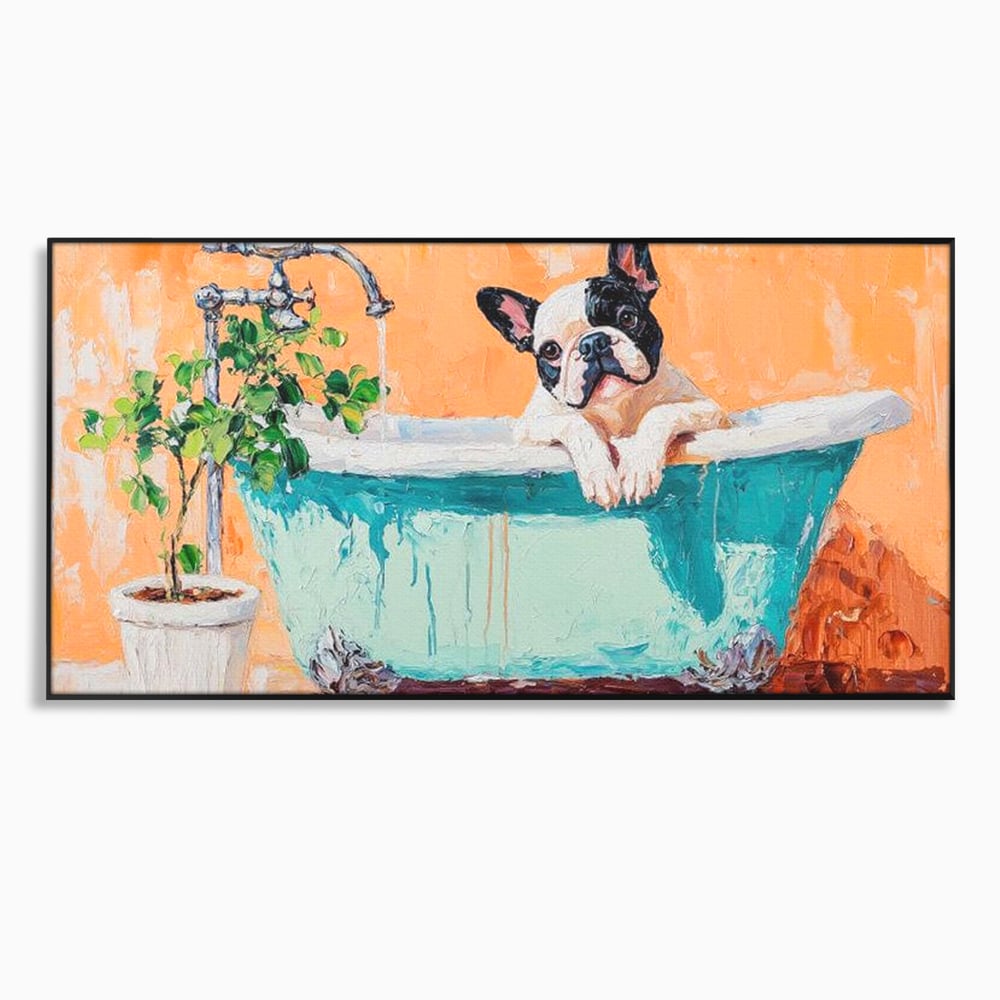 Tablou Canvas Premium, LuxCanva® M1251, Rasfat cu Spuma, Bulldog, Cada, Baie, Apa, Planta, Caine, Pictura, Relaxare, Acuarela, Comic, Pui, Birou, Living, Camera Copil