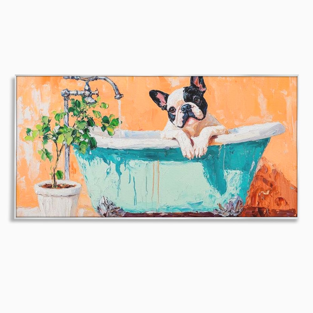Tablou Canvas Premium, LuxCanva® M1251, Rasfat cu Spuma, Bulldog, Cada, Baie, Apa, Planta, Caine, Pictura, Relaxare, Acuarela, Comic, Pui, Birou, Living, Camera Copil