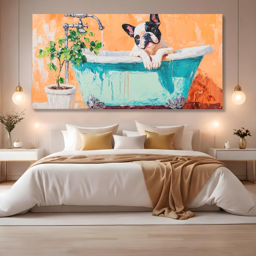 Tablou Canvas Premium, LuxCanva® M1251, Rasfat cu Spuma, Bulldog, Cada, Baie, Apa, Planta, Caine, Pictura, Relaxare, Acuarela, Comic, Pui, Birou, Living, Camera Copil