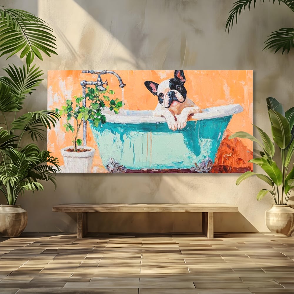 Tablou Canvas Premium, LuxCanva® M1251, Rasfat cu Spuma, Bulldog, Cada, Baie, Apa, Planta, Caine, Pictura, Relaxare, Acuarela, Comic, Pui, Birou, Living, Camera Copil