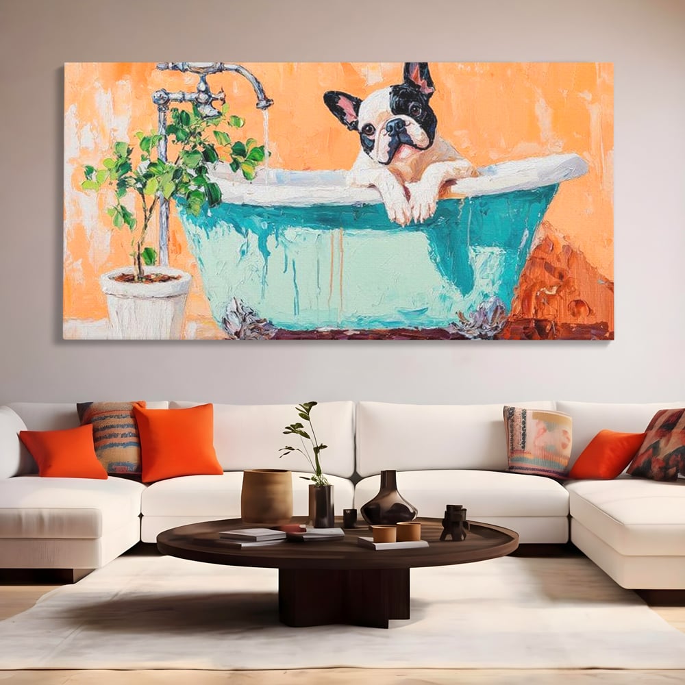 Tablou Canvas Premium, LuxCanva® M1251, Rasfat cu Spuma, Bulldog, Cada, Baie, Apa, Planta, Caine, Pictura, Relaxare, Acuarela, Comic, Pui, Birou, Living, Camera Copil