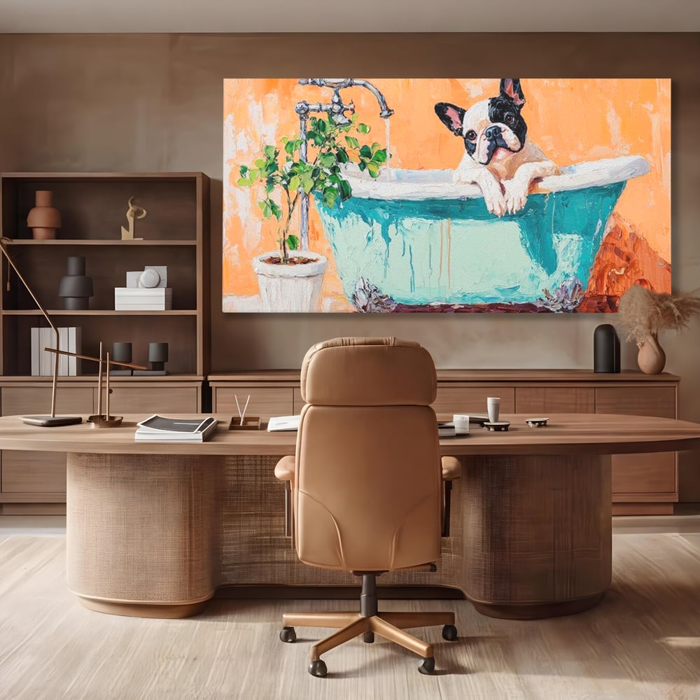 Tablou Canvas Premium, LuxCanva® M1251, Rasfat cu Spuma, Bulldog, Cada, Baie, Apa, Planta, Caine, Pictura, Relaxare, Acuarela, Comic, Pui, Birou, Living, Camera Copil