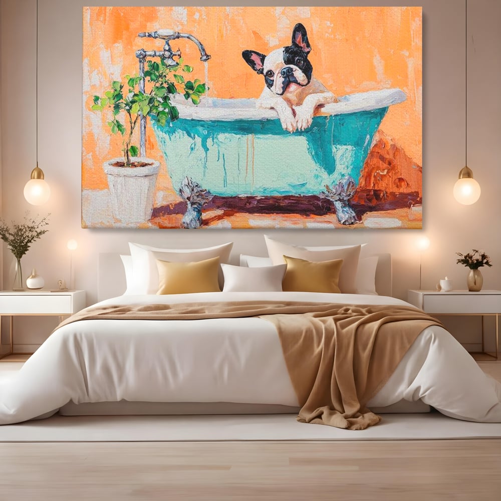 Tablou Canvas Premium, LuxCanva® M1251, Rasfat cu Spuma, Bulldog, Cada, Baie, Apa, Planta, Caine, Pictura, Relaxare, Acuarela, Comic, Pui, Birou, Living, Camera Copil