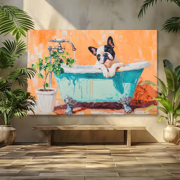 Tablou Canvas Premium, LuxCanva® M1251, Rasfat cu Spuma, Bulldog, Cada, Baie, Apa, Planta, Caine, Pictura, Relaxare, Acuarela, Comic, Pui, Birou, Living, Camera Copil
