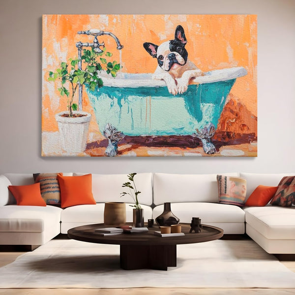 Tablou Canvas Premium, LuxCanva® M1251, Rasfat cu Spuma, Bulldog, Cada, Baie, Apa, Planta, Caine, Pictura, Relaxare, Acuarela, Comic, Pui, Birou, Living, Camera Copil