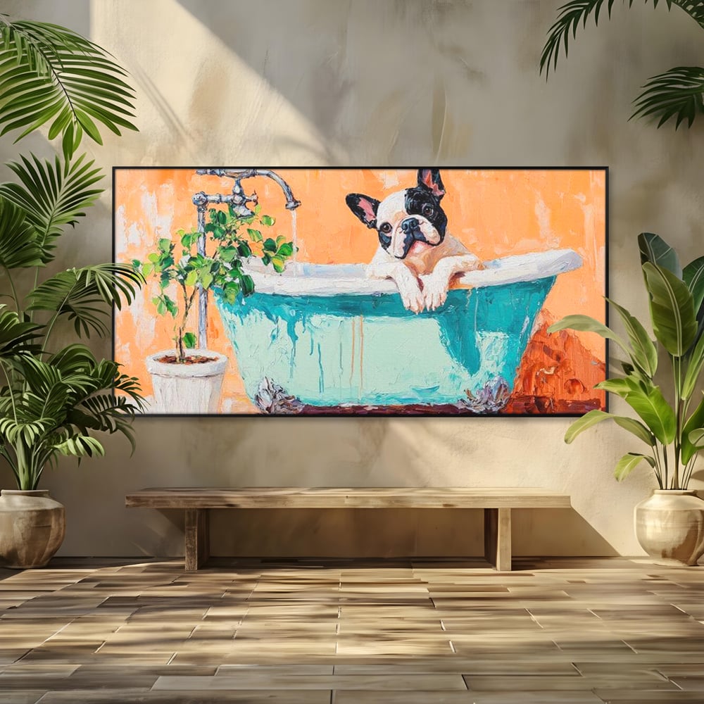 Tablou Canvas Premium, LuxCanva® M1251, Rasfat cu Spuma, Bulldog, Cada, Baie, Apa, Planta, Caine, Pictura, Relaxare, Acuarela, Comic, Pui, Birou, Living, Camera Copil