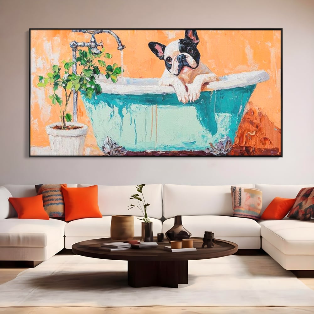 Tablou Canvas Premium, LuxCanva® M1251, Rasfat cu Spuma, Bulldog, Cada, Baie, Apa, Planta, Caine, Pictura, Relaxare, Acuarela, Comic, Pui, Birou, Living, Camera Copil