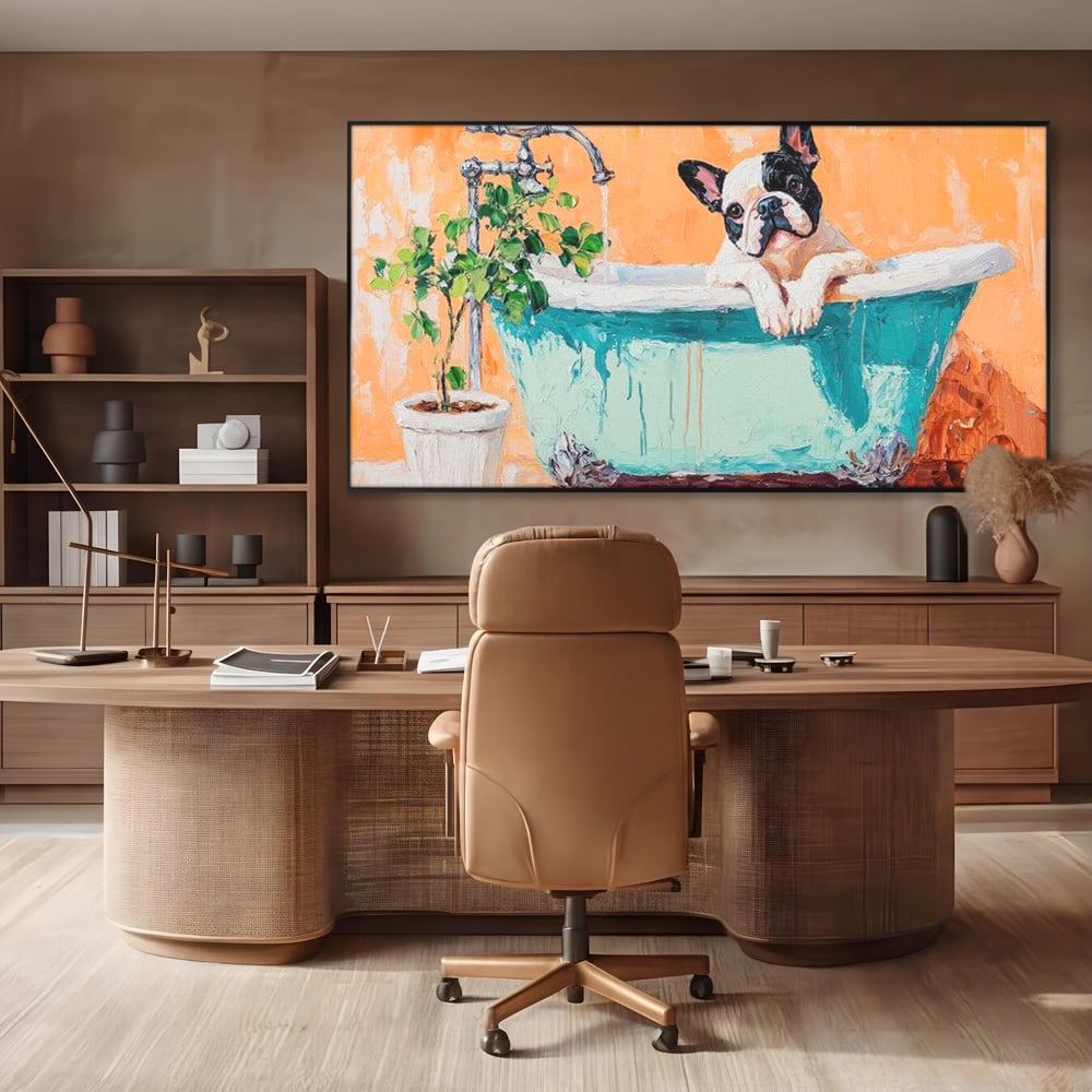 Tablou Canvas Premium, LuxCanva® M1251, Rasfat cu Spuma, Bulldog, Cada, Baie, Apa, Planta, Caine, Pictura, Relaxare, Acuarela, Comic, Pui, Birou, Living, Camera Copil