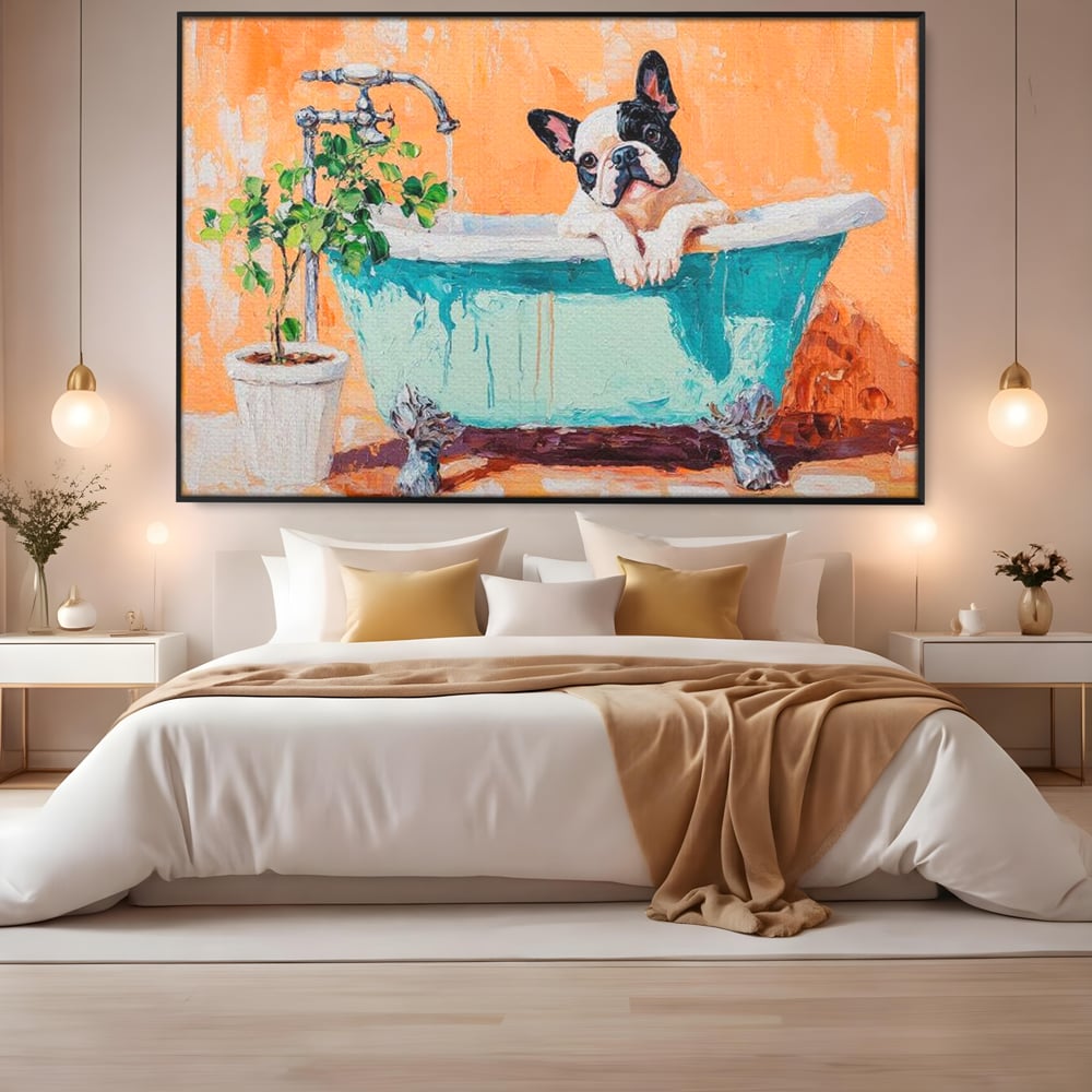 Tablou Canvas Premium, LuxCanva® M1251, Rasfat cu Spuma, Bulldog, Cada, Baie, Apa, Planta, Caine, Pictura, Relaxare, Acuarela, Comic, Pui, Birou, Living, Camera Copil