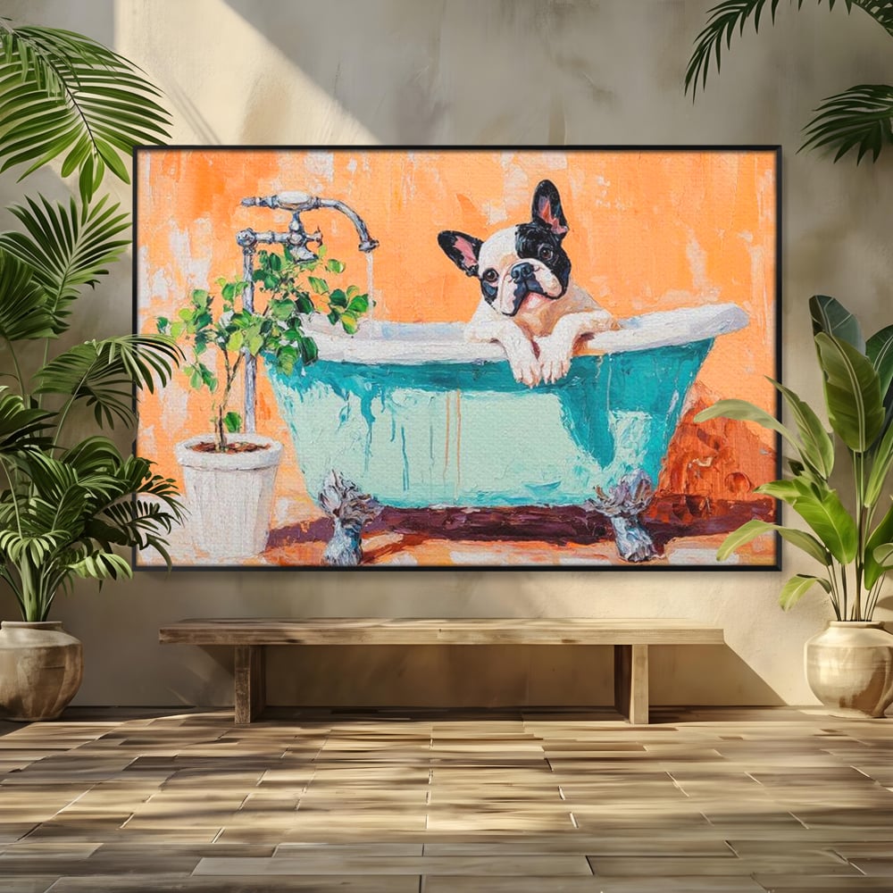 Tablou Canvas Premium, LuxCanva® M1251, Rasfat cu Spuma, Bulldog, Cada, Baie, Apa, Planta, Caine, Pictura, Relaxare, Acuarela, Comic, Pui, Birou, Living, Camera Copil