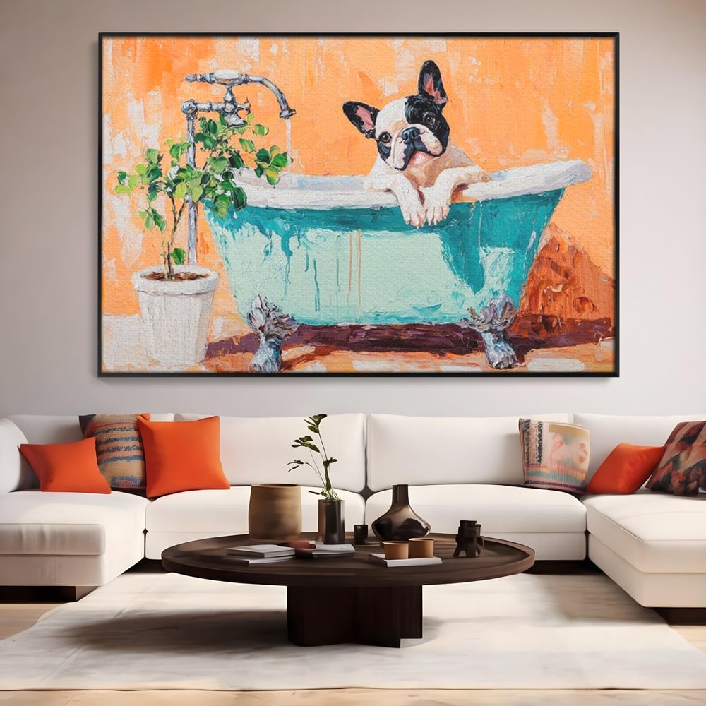 Tablou Canvas Premium, LuxCanva® M1251, Rasfat cu Spuma, Bulldog, Cada, Baie, Apa, Planta, Caine, Pictura, Relaxare, Acuarela, Comic, Pui, Birou, Living, Camera Copil