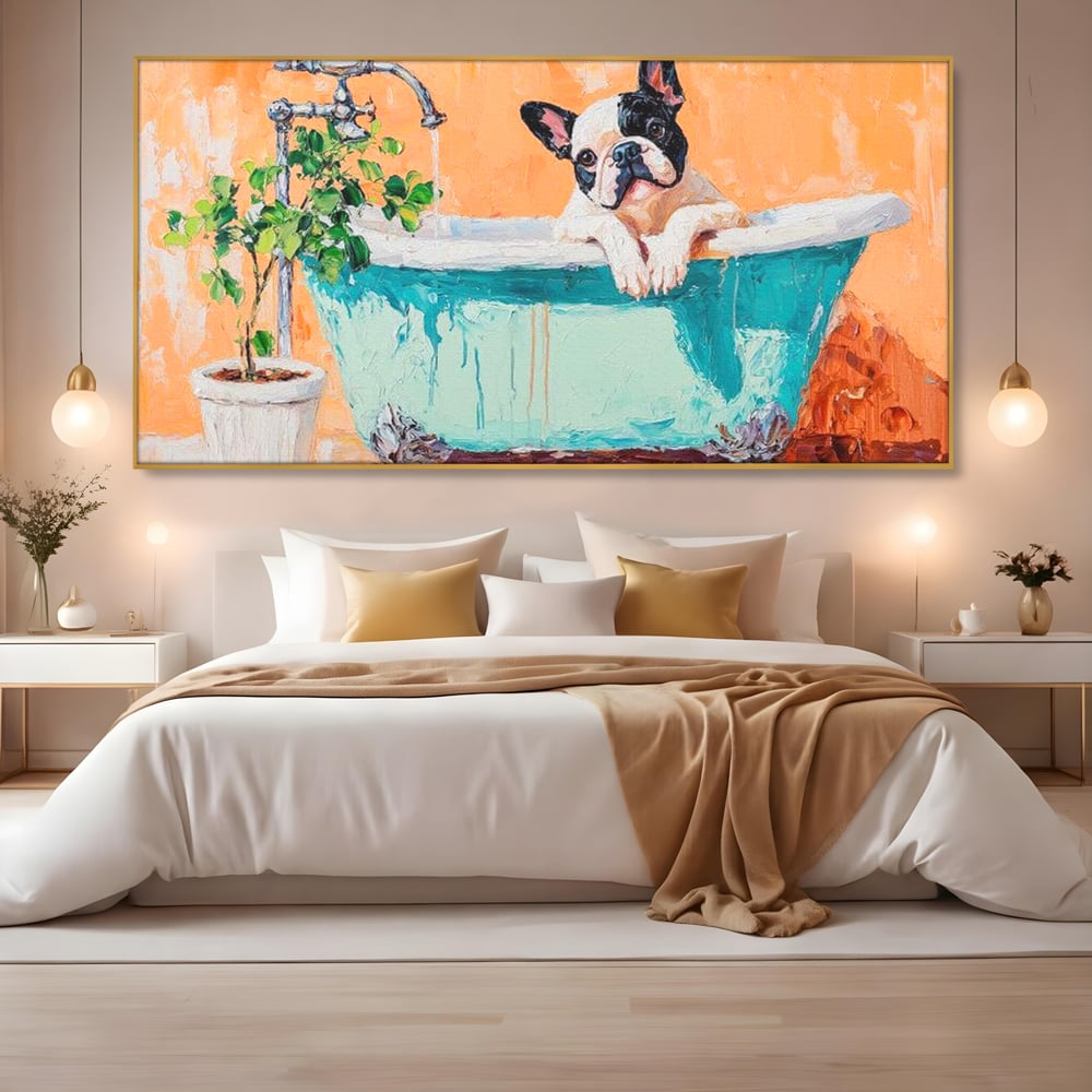 Tablou Canvas Premium, LuxCanva® M1251, Rasfat cu Spuma, Bulldog, Cada, Baie, Apa, Planta, Caine, Pictura, Relaxare, Acuarela, Comic, Pui, Birou, Living, Camera Copil