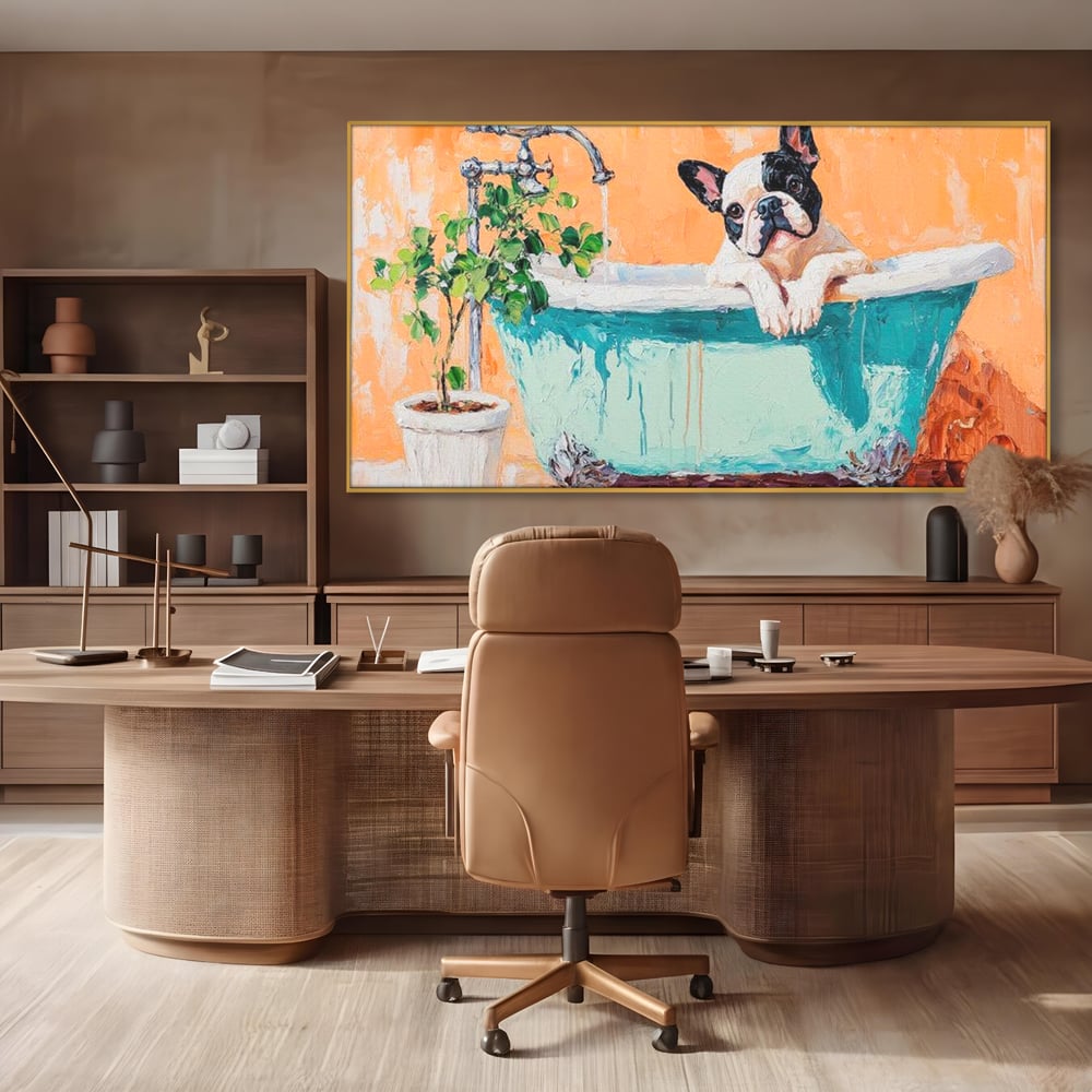 Tablou Canvas Premium, LuxCanva® M1251, Rasfat cu Spuma, Bulldog, Cada, Baie, Apa, Planta, Caine, Pictura, Relaxare, Acuarela, Comic, Pui, Birou, Living, Camera Copil