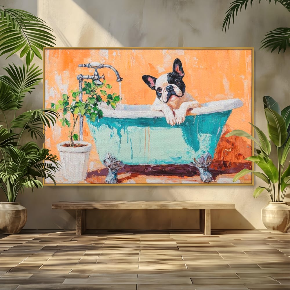 Tablou Canvas Premium, LuxCanva® M1251, Rasfat cu Spuma, Bulldog, Cada, Baie, Apa, Planta, Caine, Pictura, Relaxare, Acuarela, Comic, Pui, Birou, Living, Camera Copil