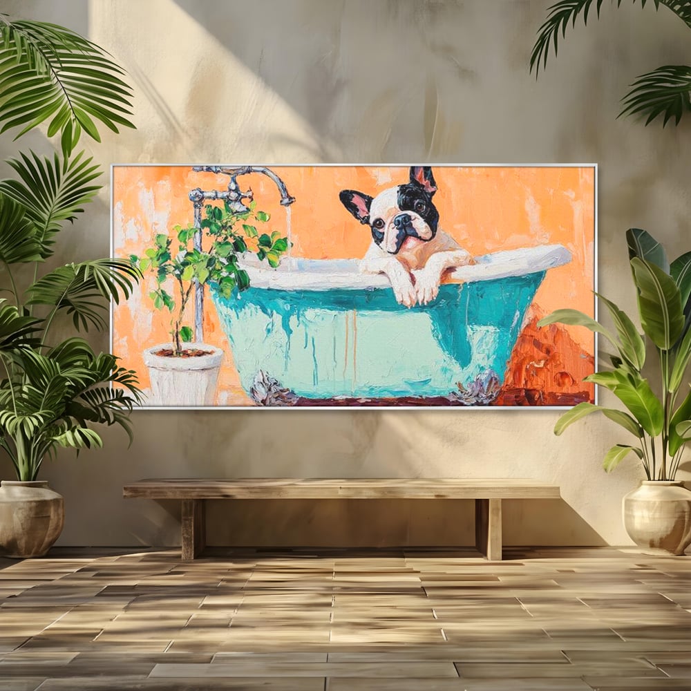 Tablou Canvas Premium, LuxCanva® M1251, Rasfat cu Spuma, Bulldog, Cada, Baie, Apa, Planta, Caine, Pictura, Relaxare, Acuarela, Comic, Pui, Birou, Living, Camera Copil