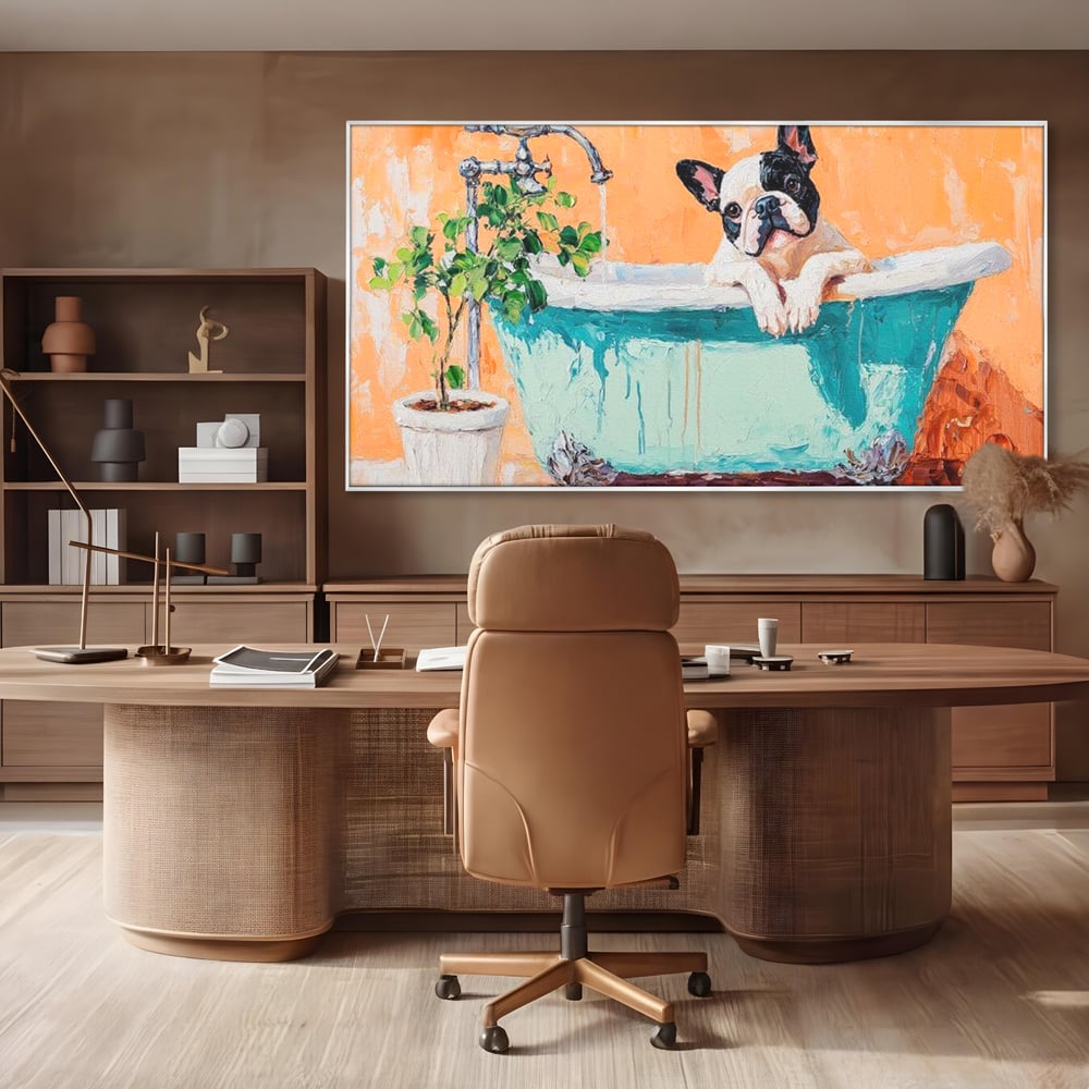Tablou Canvas Premium, LuxCanva® M1251, Rasfat cu Spuma, Bulldog, Cada, Baie, Apa, Planta, Caine, Pictura, Relaxare, Acuarela, Comic, Pui, Birou, Living, Camera Copil