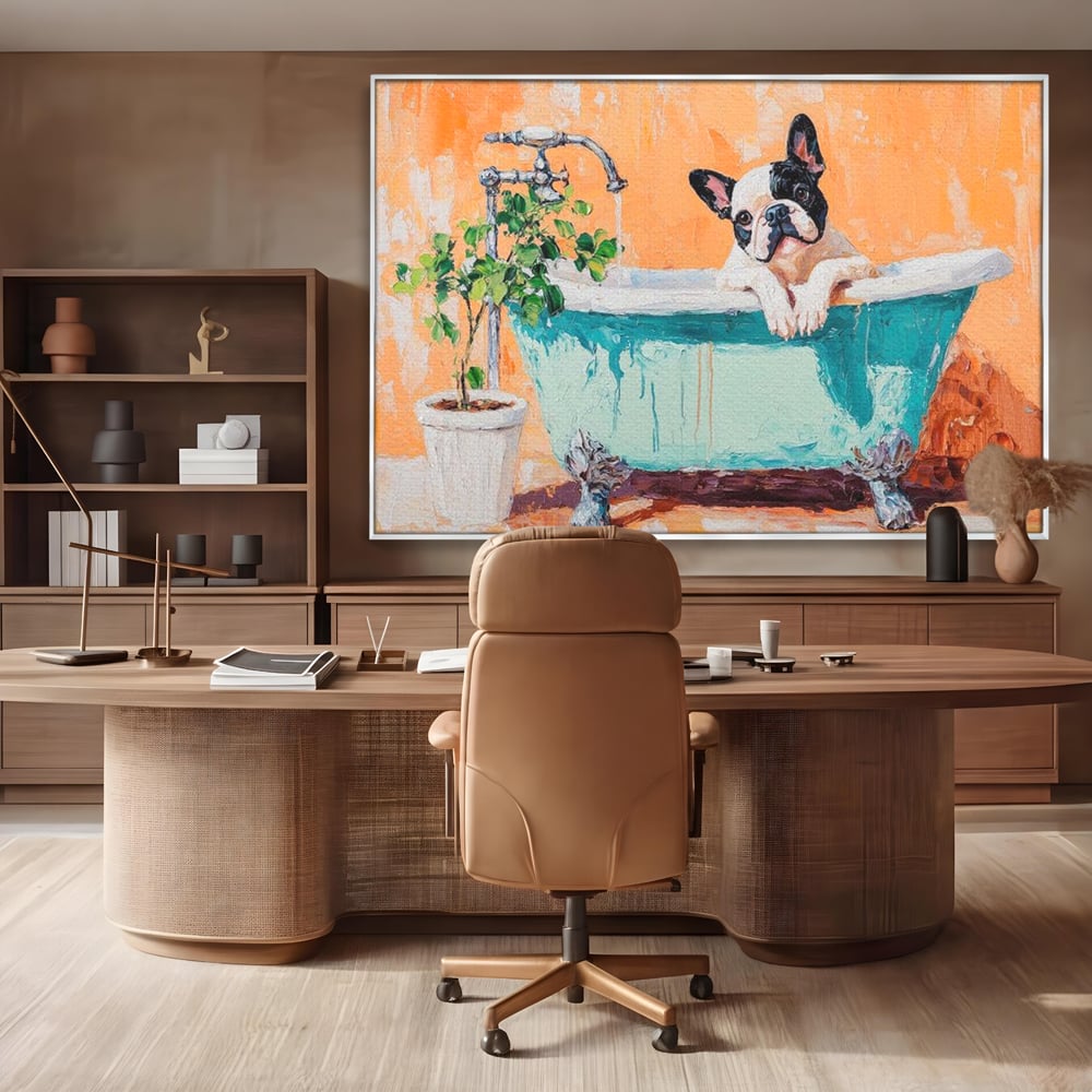 Tablou Canvas Premium, LuxCanva® M1251, Rasfat cu Spuma, Bulldog, Cada, Baie, Apa, Planta, Caine, Pictura, Relaxare, Acuarela, Comic, Pui, Birou, Living, Camera Copil