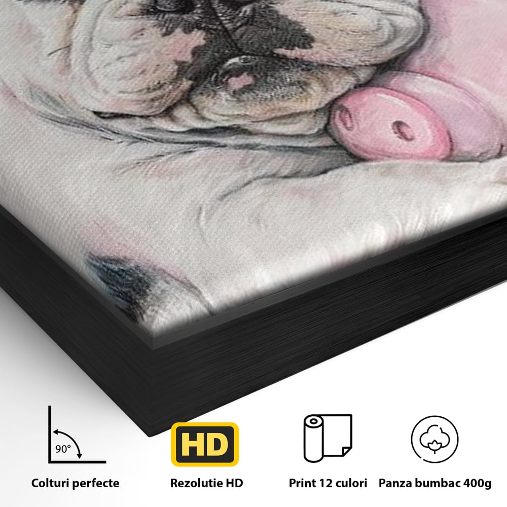 Tablou Canvas Premium, LuxCanva® M1253, Parteneri de Vise, Porcusor, Bulldog, Caine, Pui, Roz, Somn, Vis, Dragalas, Imbratisare, Prieteni, Birou, Living, Camera Copil