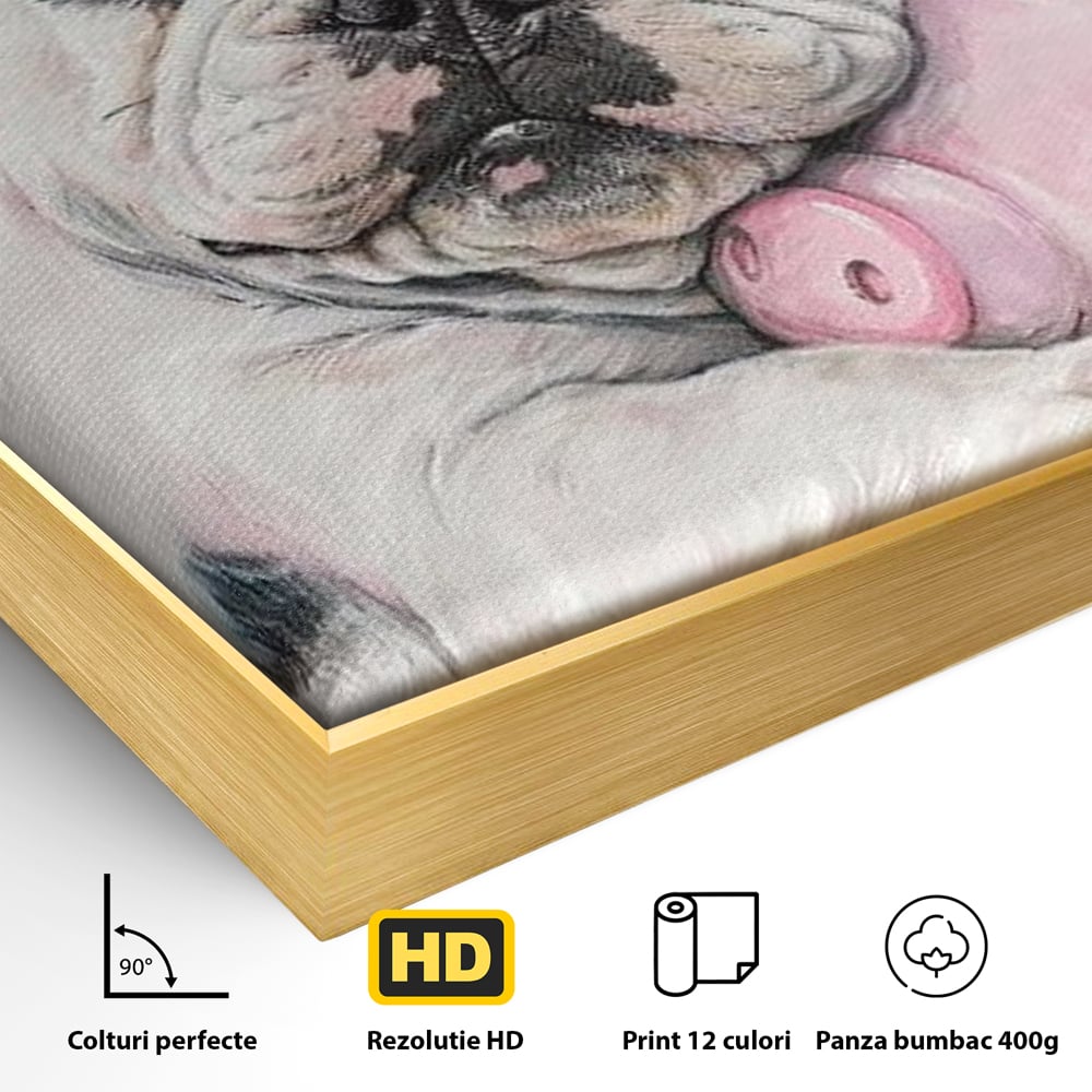 Tablou Canvas Premium, LuxCanva® M1253, Parteneri de Vise, Porcusor, Bulldog, Caine, Pui, Roz, Somn, Vis, Dragalas, Imbratisare, Prieteni, Birou, Living, Camera Copil